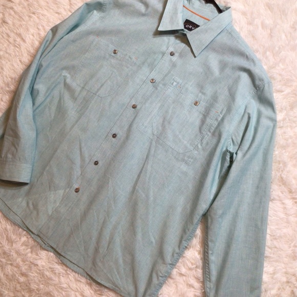 ORVIS XXL Linen Button Down Shirt Coastal Tidal Green Blue Work Church Big Tall - Picture 2 of 7